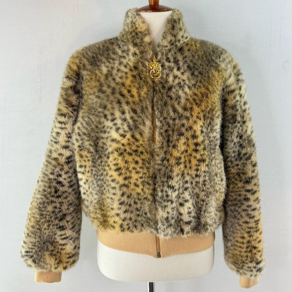 St. John Animal Print Faux Fur Bomber Jacket - Picture 1 of 16